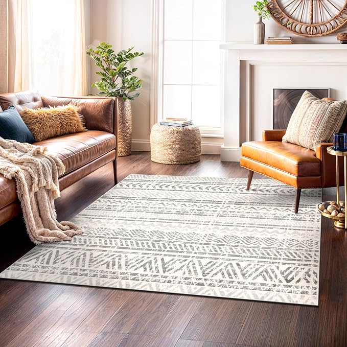 Rugshop Geometric Boho Square Rug – Gray Tribal Pattern, Dining Room - Image 6