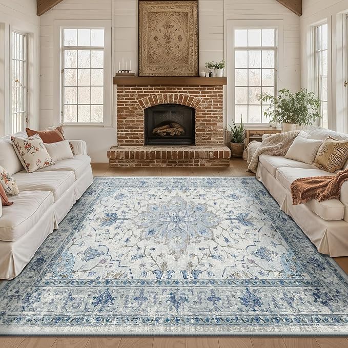 Area Rugs 8'x10' Washable Non-Slip, Floral Vintage Distress Print Pattern - Image 3