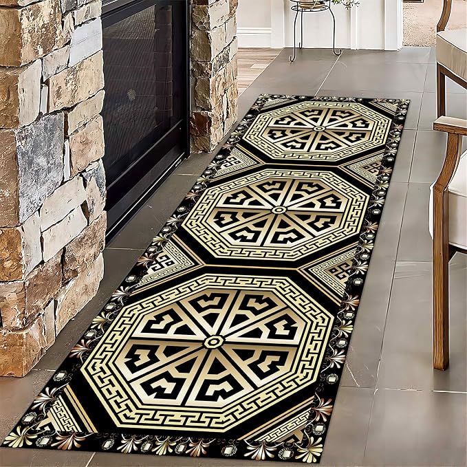 Black Gold Art Runner Rugs, Vintage Greek Key Entrance Rug, Baroque Aesthetic by Unknown