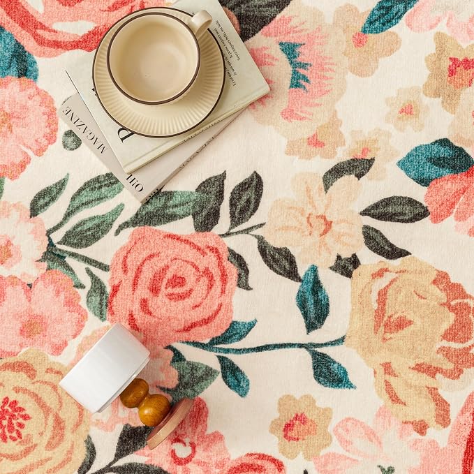 Washable Floral Area Rug 2x3 Beige Small Entryway Carpet Scalloped Flower Non - Image 7