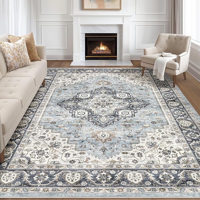 10x14 Area Rugs Living Room: Washable Boho Large Neutral Vintage Soft Rug Stain by LOONGRUG