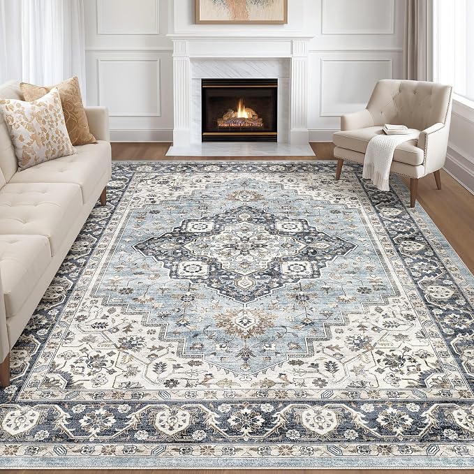 10x12 Area Rug Living Room: Washable Boho Large Neutral Vintage Soft Rugs Stain by LOONGRUG