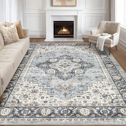 10x12 Area Rug Living Room: Washable Boho Large Neutral Vintage Soft Rugs Stain by LOONGRUG