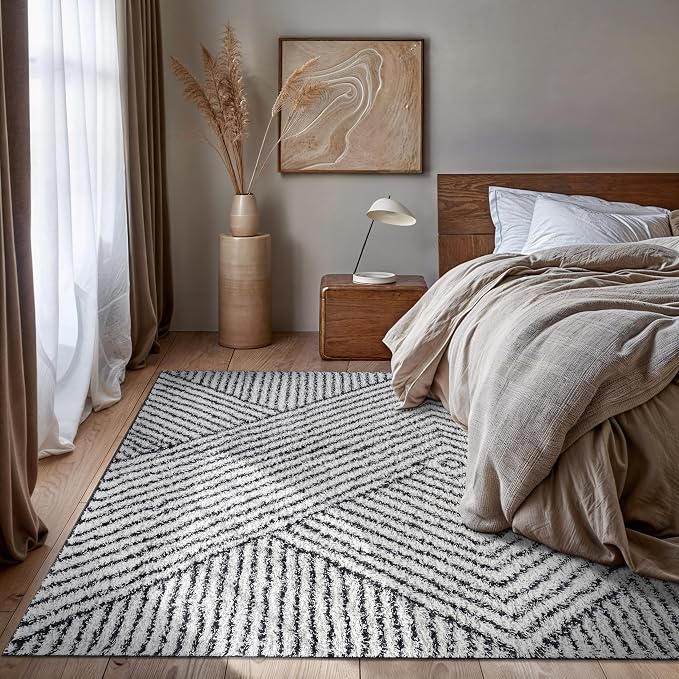 Rugshop Geometric Diamond Stripe Shag Area Rug White 7' 10" x 10' Perfect - Image 10