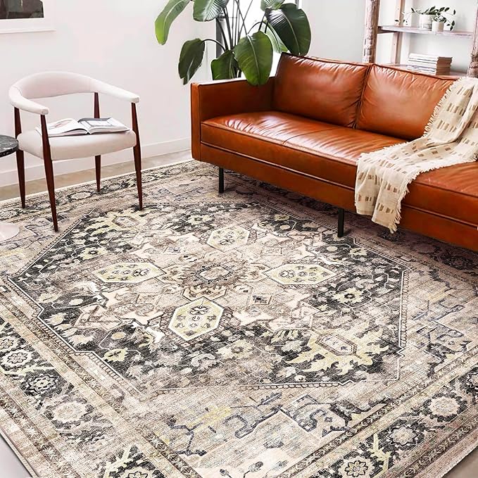 Area Rug 6'x9' Black-Purple Khaki Washable Vintage Traditional Floor Cover Thin - Image 2