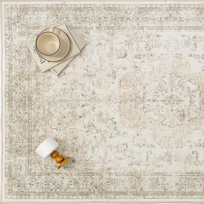 5x7 Washable Area Rug Beige Vintage Distressed Rug - Image 7