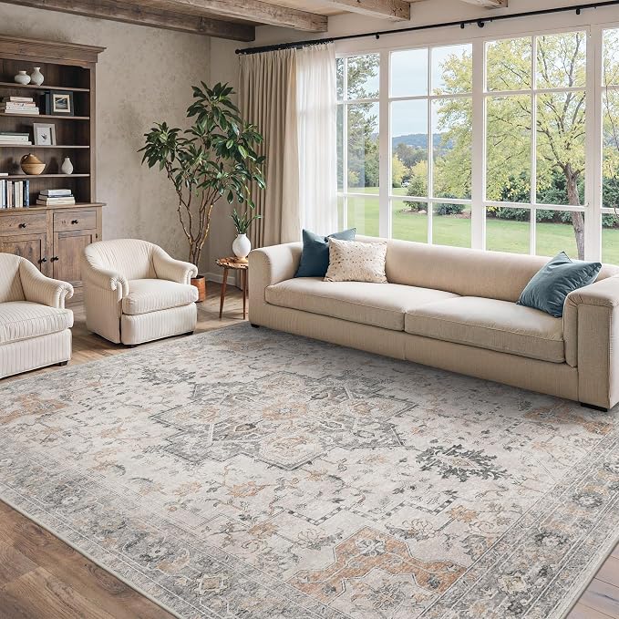 9x12 Area Rugs for Living Room, Non Slip Machine Washable Vintage Rugs by BESBLEE