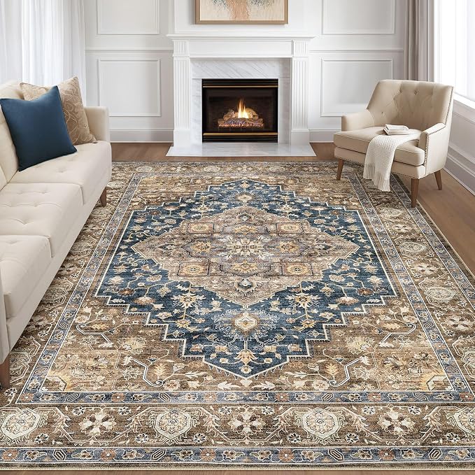8x10 Area Rugs Living Room: Washable Boho Large Neutral Vintage Soft Rug Stain by LOONGRUG