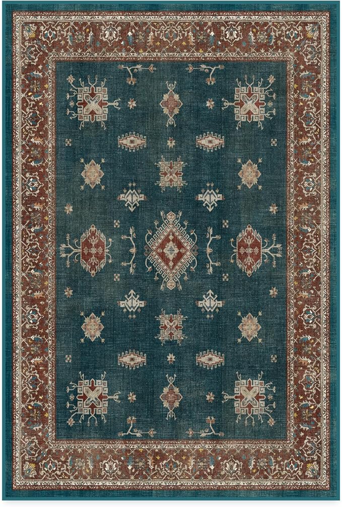 RUGGABLE Washable Vintage Area Rug – Verena Teal Blue 4x6, Stain-Resistant by RUGGABLE