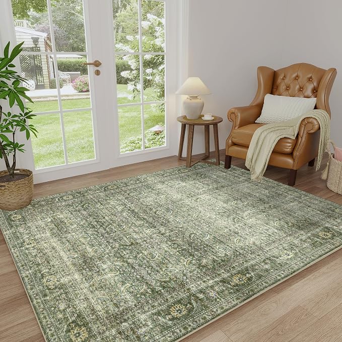 FMFUNCTEX 4x6 Washable Area Rug Green Neutral Vintage Distressed Non Slip Low - Image 3