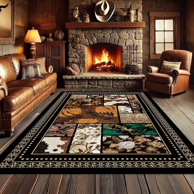 Floral Tropical Patchwork Area Rug 2x3ft, Vintage Black & Brown Country Carpet - Image 2
