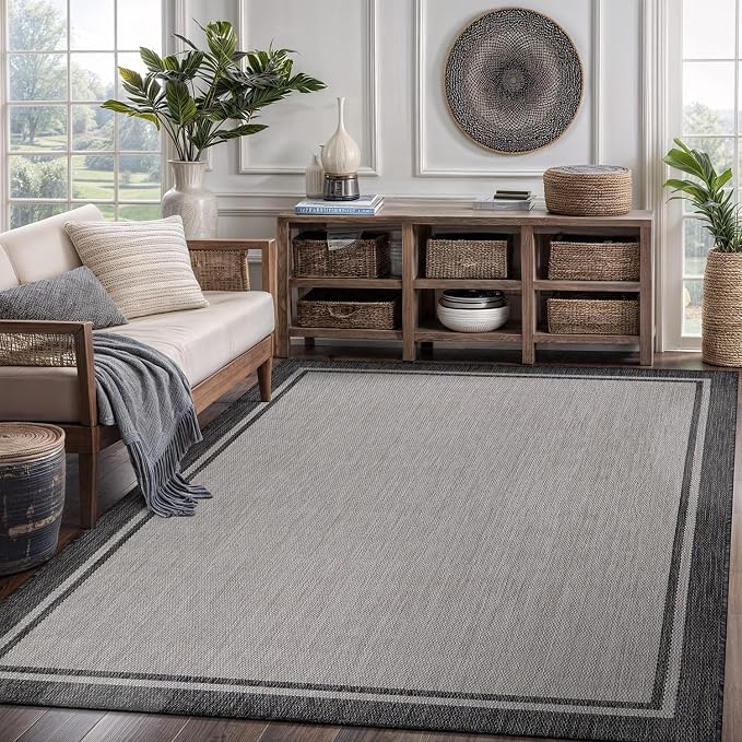CAMILSON Indoor Outdoor Rug, 6x9 Bordered Gray Modern Area Rugs - Image 7
