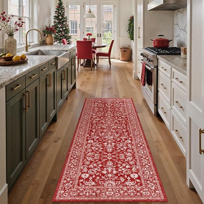 Christmas Runner Rug 2x6 Red Washable Hallway Carpet Retro Floral Holiday by PureCozy