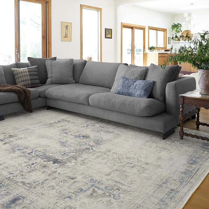 RUGGABLE Washable Vintage Area Rug – Kamran Blue Quartz 8x10, Stain-Resistant by RUGGABLE