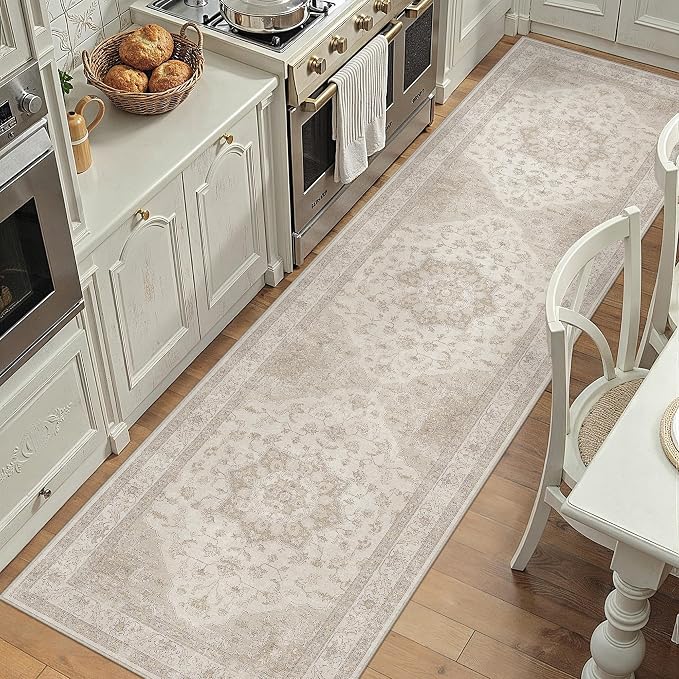 Beige Runner Rug 2'6"x14' Washable Vintage Carpet Hallway Kitchen Soft Retro - Image 5