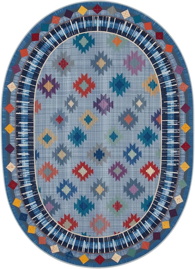 Funky Vintage Blue Red Orange Geometric Texture Indoor Area Rug - Image 5