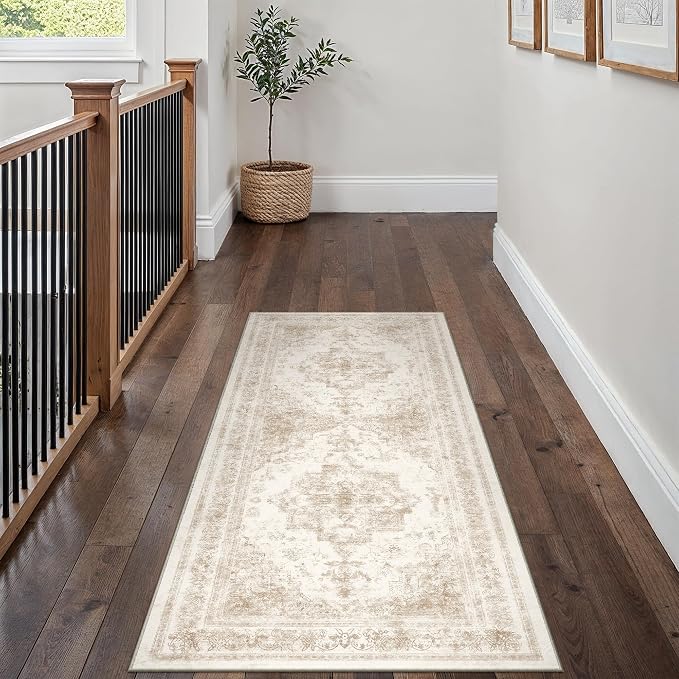 Runner Rug 2x5 Cream Hallway Washable Beige Carpet Non Slip Vintage Medallion by PureCozy