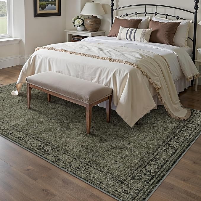 Vintage Area Rug 8x10 Washable Olive Brown Living Room Carpet Large Indoor Non - Image 5