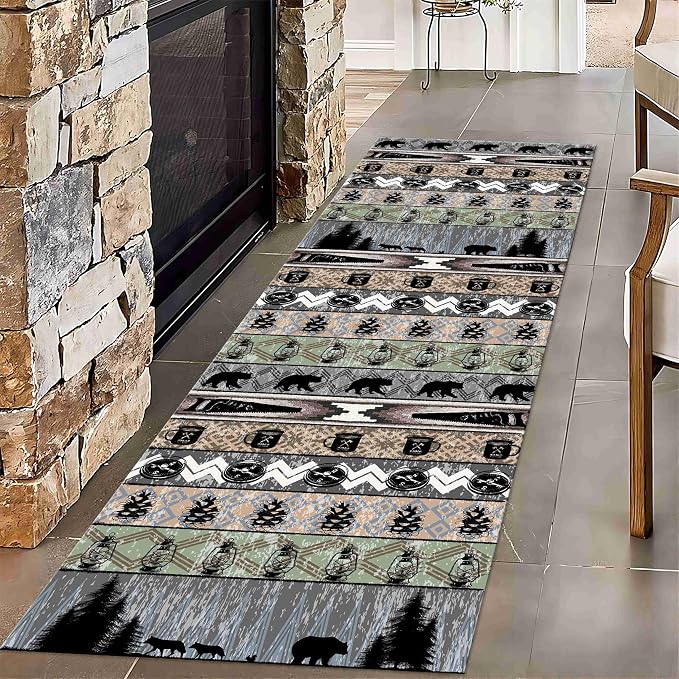 Bear Rug for Runner Rug, Rustic Black Bear Wood Saw Compass Pine Oil Lamp - Image 2