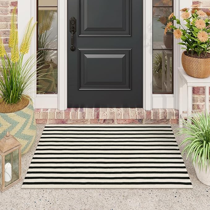 Black and White Striped Rugs 2.3'x3.6', Washable Hand Woven Front Door Rug by Sungea