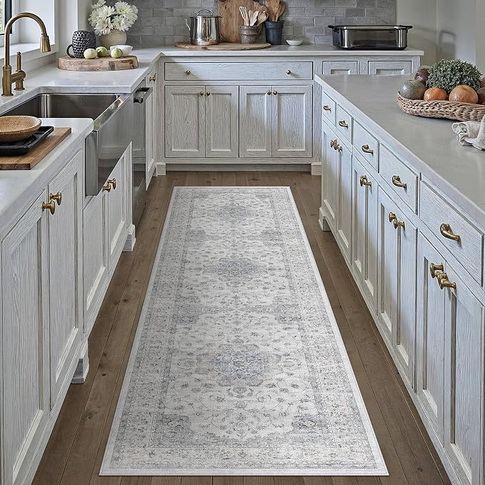 HUGEAR Machine Washable Hallway Runner Rugs 2x8 Vintage Blue Neutral Style Non - Image 2