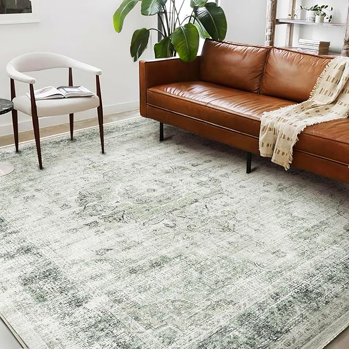 Washable Area Rug 10'x14' Floral Green Boho Design Non-Shedding Easy Care Ideal - Image 2