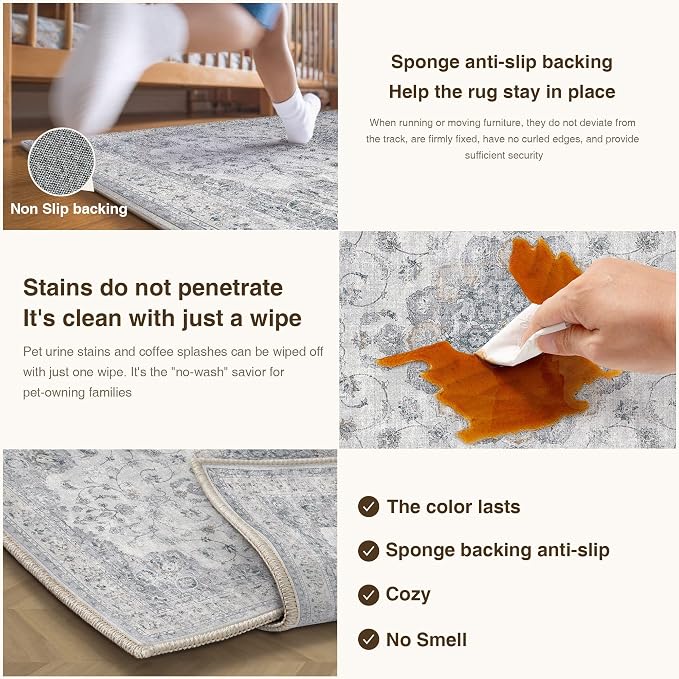 HUGEAR Machine Washable Area Rugs 4x6 Vintage Blue Living Room Rug Neutral - Image 5