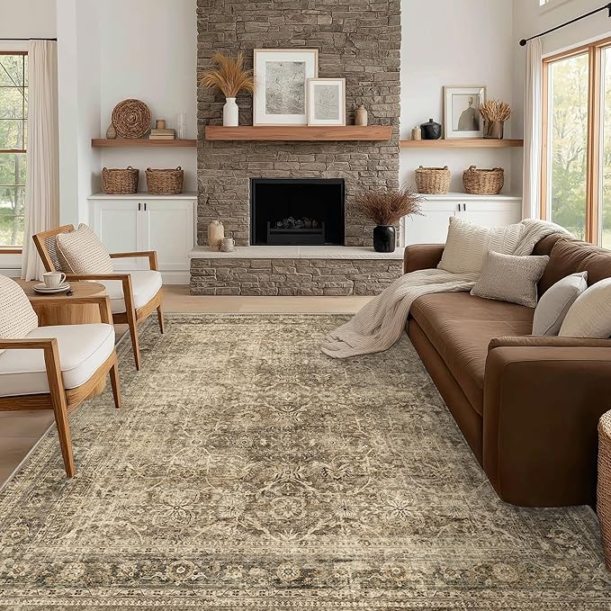 FMFUNCTEX 10x12 Washable Area Rug Brown Vintage Neutral Distressed Large Non by Fmfunctex