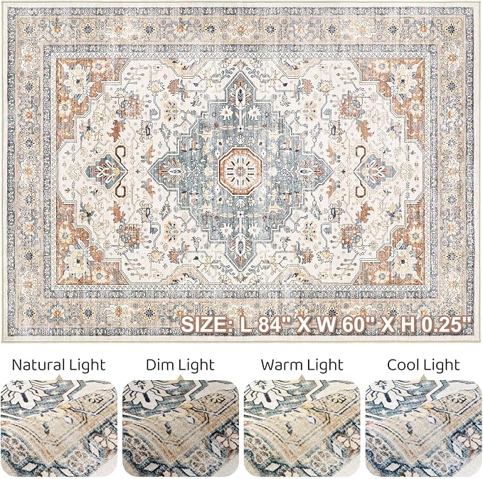 5x7 Area Rugs Living Room: Washable Boho Large Neutral Vintage Soft Rug Stain - Image 9