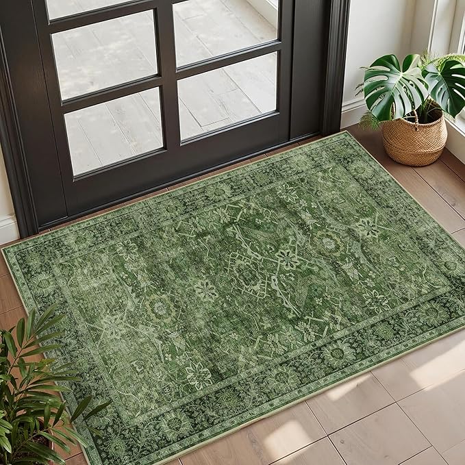 2x3 Entryway Rug Green Washable Vintage Rugs by Zeeinx