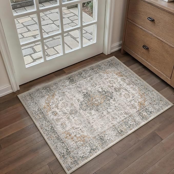 HUGEAR 2x3 Entryway Area Rug Retro Taupe Green Small Rug Machine Washable Door - Image 3