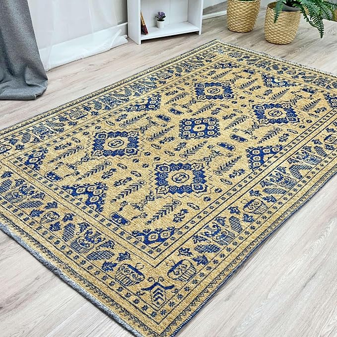 Alfa Rich 5x8 Gold Navy Blue Washable Area Rugs by AlfaRichRugs