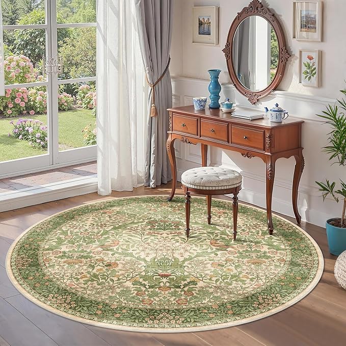 6ft Round Area Rugs for Living Room, Washable Floral Circle Rug Non Slip Low - Image 2