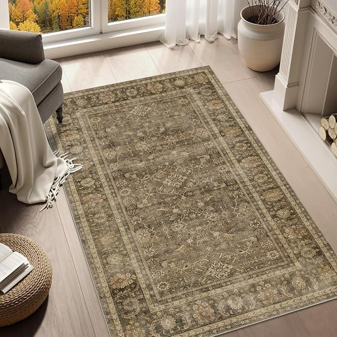 HelloTree Vintage Area Rug 3x5 Brown Entryway Office Washable Carpet Non Slip by HelloTree