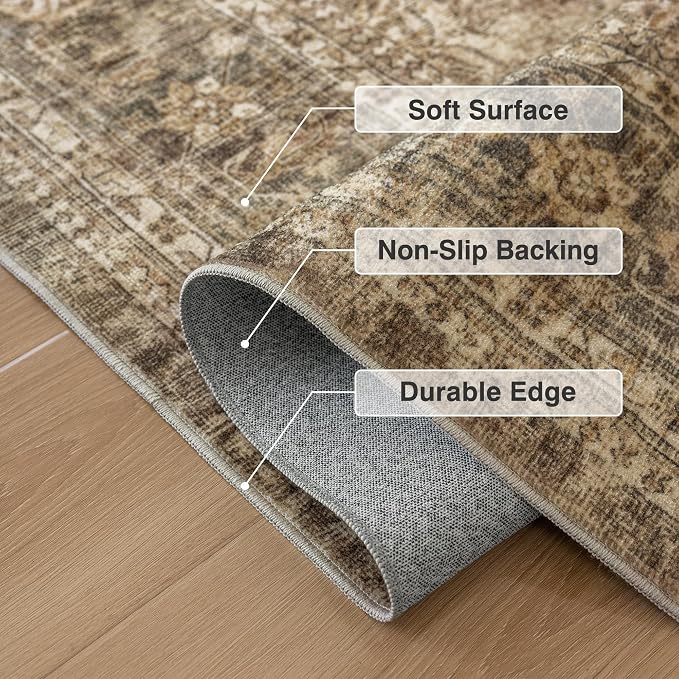 FMFUNCTEX 2x12 Runner Rug Brown Washable Vintage Neutral Distressed Non Slip - Image 4