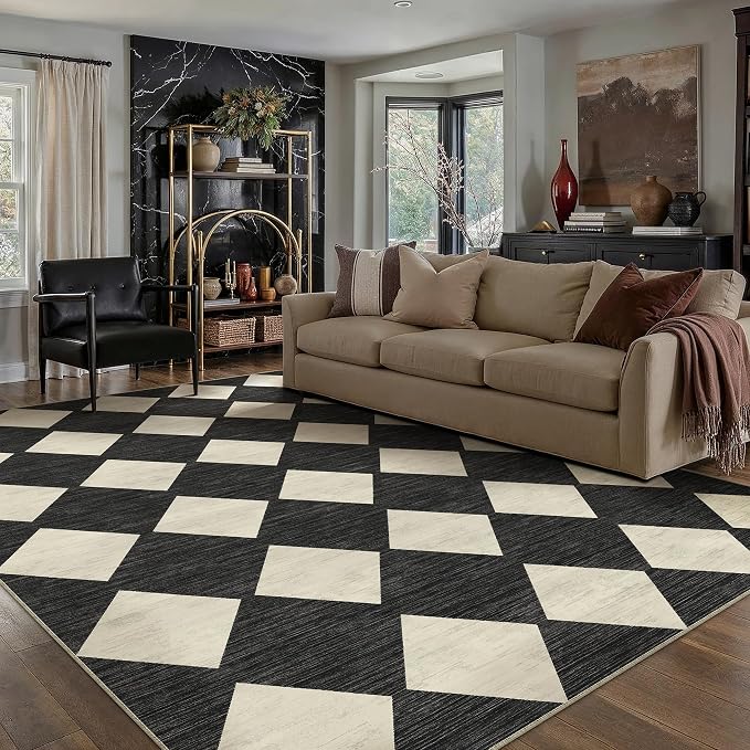6x9 Checkered Area Rugs for Living Room Black Machine Washable Large Rug - Image 4