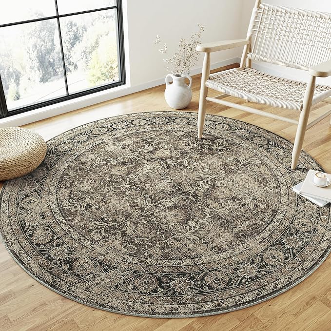 Brown Round Area Rug 6ft Washable 6x6 Circle Vintage Low Pile Indoor Large - Image 3
