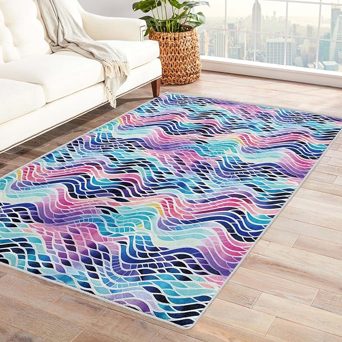 Colorful Wave Rug, 7x9 Rug, Abstract Watercolor Rugs by Unknown