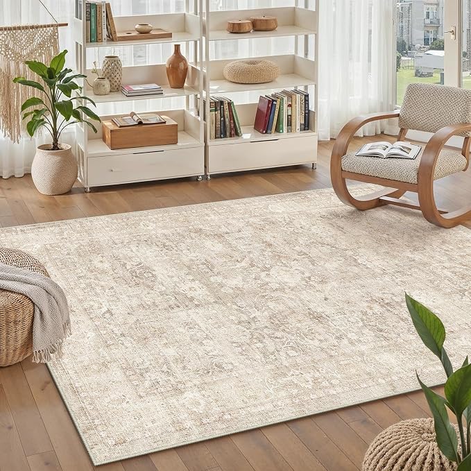 5x7 Beige Washable Area Rug for Living Room Bedroom Neutral Soft Non Slip Rug - Image 4