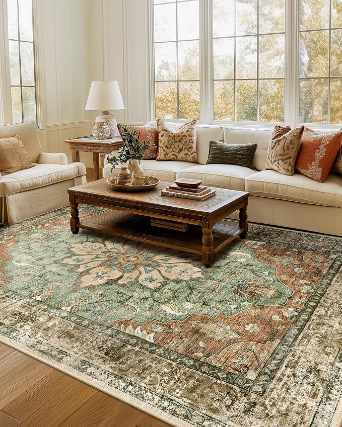 Area Rugs Square 8ft Washable Non-Slip, Floral Vintage Distress Print Pattern - Image 8