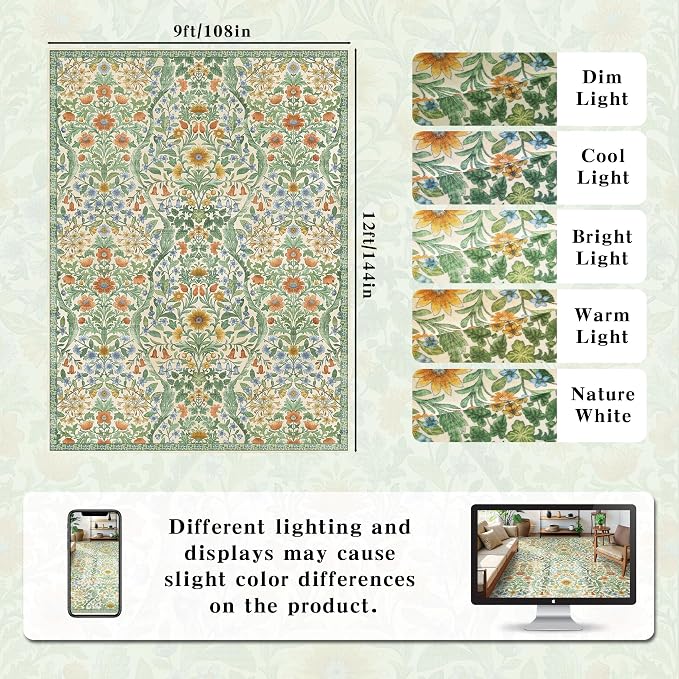 9x12 Grass Green Vintage Floral Area Rug, Washable Large Boho Living Room Rugs - Image 2