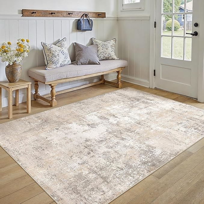 4x5 Washable Area Rug Beige Grey Abstract Entryway Office Throw Rug Neutral - Image 5