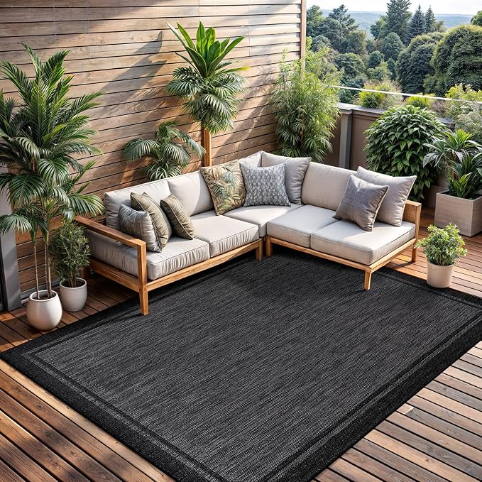 CAMILSON Indoor Outdoor Rug, 8x10 Bordered Dark Gray Black Modern Area Rugs - Image 6