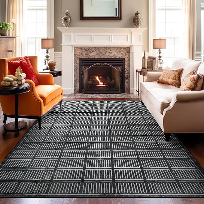 Rugshop Bohemian Stripe Lines Washable Non Slip Area Rug 8' x 10' Black - Image 9