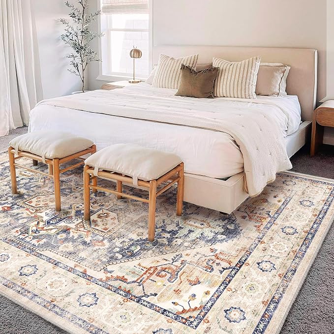 Area Rug 5'x7' Blue Khaki Washable Vintage Traditional Floor Cover Thin Retro - Image 2