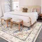Area Rug 5'x7' Blue Khaki Washable Vintage Traditional Floor Cover Thin Retro - Image 2