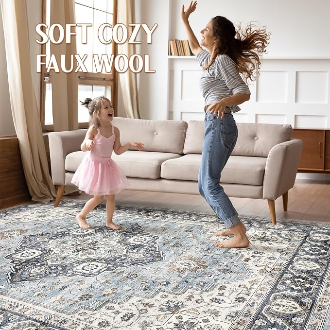 10x12 Area Rug Living Room: Washable Boho Large Neutral Vintage Soft Rugs Stain - Image 3