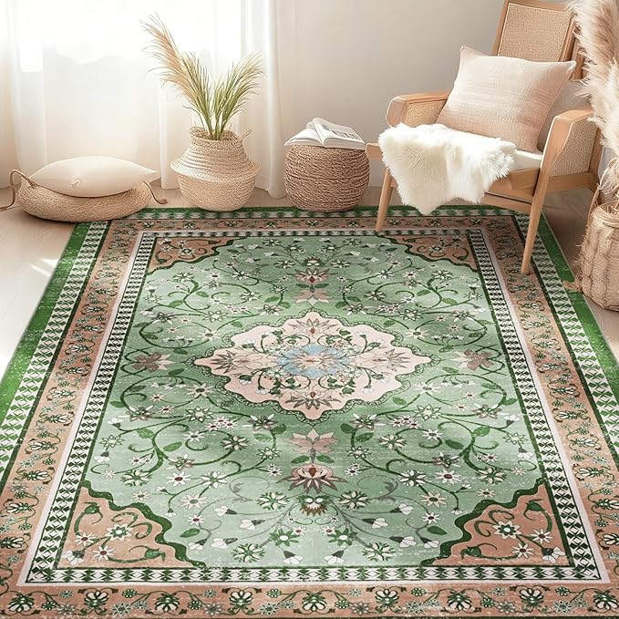Luxury 5' x 7' Green Washable Area Rugs, Boho Low Pile Easy Clean Non-Slip Rug - Image 6