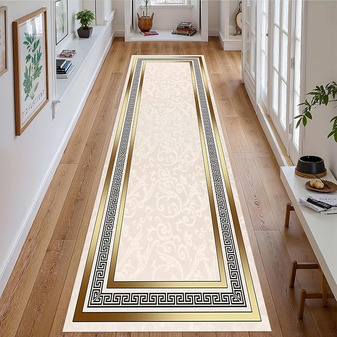 Classic Bohemian Hallway Rugs, Western Retro Greek Key Beige Fade Resistant - Image 3