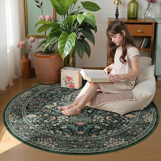 4ft Round Area Rugs for Living Room, Washable Floral Circle Rug Non Slip Low - Image 2